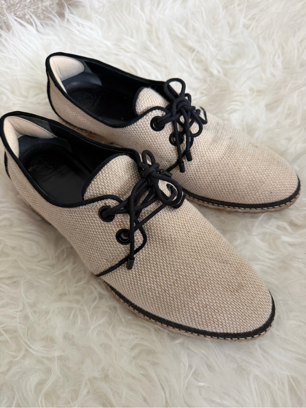 Tory Burch Fawn Oxford Linen Tan Espadrille Lace Up Loafers Shoes Women Size 9.5